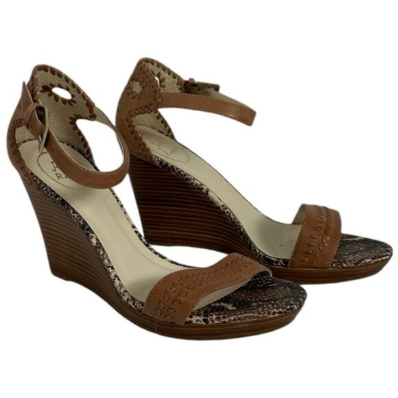 Jack Rogers Brown Wedge Sandals Womens Size 8.5 M Leather Bohemian Brazil Snake - Picture 13 of 16